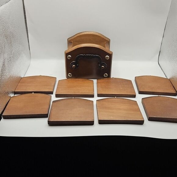 Vintage Mid-Century Modern Wooden Coaster Set of 8 with Holder Bronze Handle - Picture 13 of 16